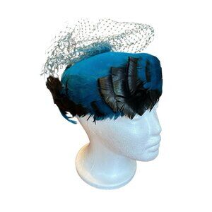 Vintage 1960s F W Woolworth Teal Blue Velvet Black Feather Pillbox Hat Veil